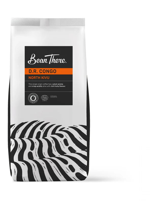 Coffee bag labeled 'Bean There' with zebra pattern