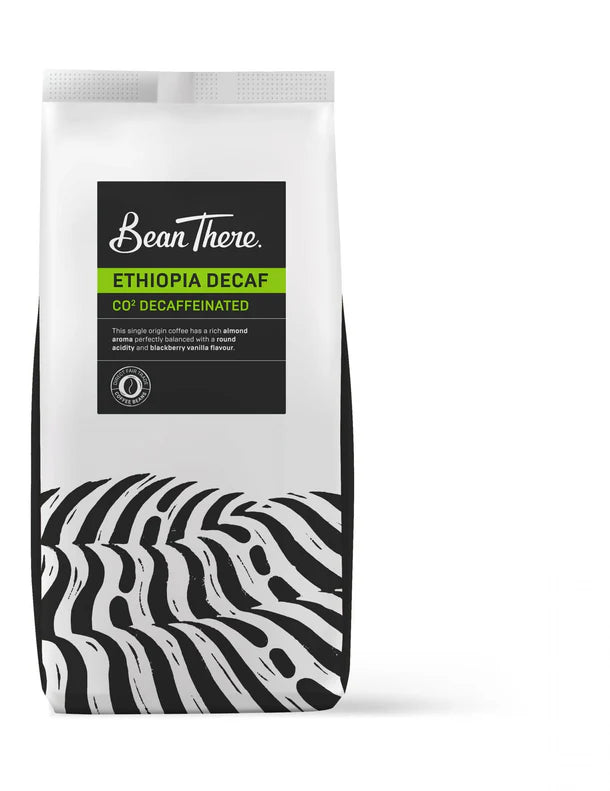 Coffee bag labeled 'Bean There' with Ethiopia Decaf on a white background