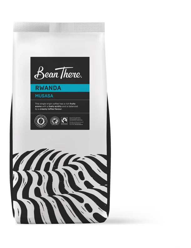 Coffee package with 'Bean There' branding and 'Rwanda Musasa' label on a white background