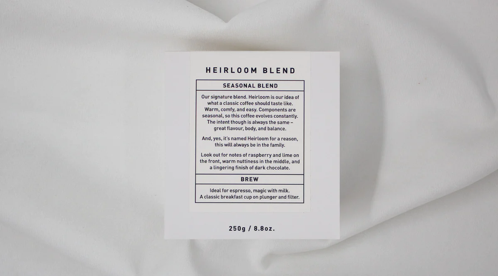 Heirloom Blend coffee package with text on a white background