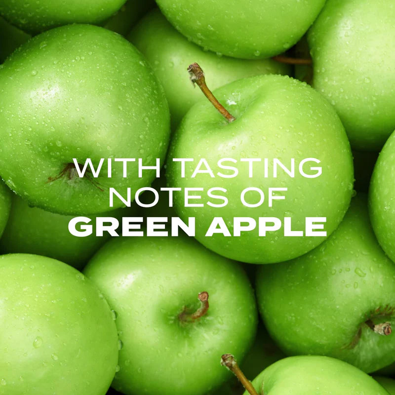 Close-up of green apples with text overlay 'WITH TASTING NOTES OF GREEN APPLE'.