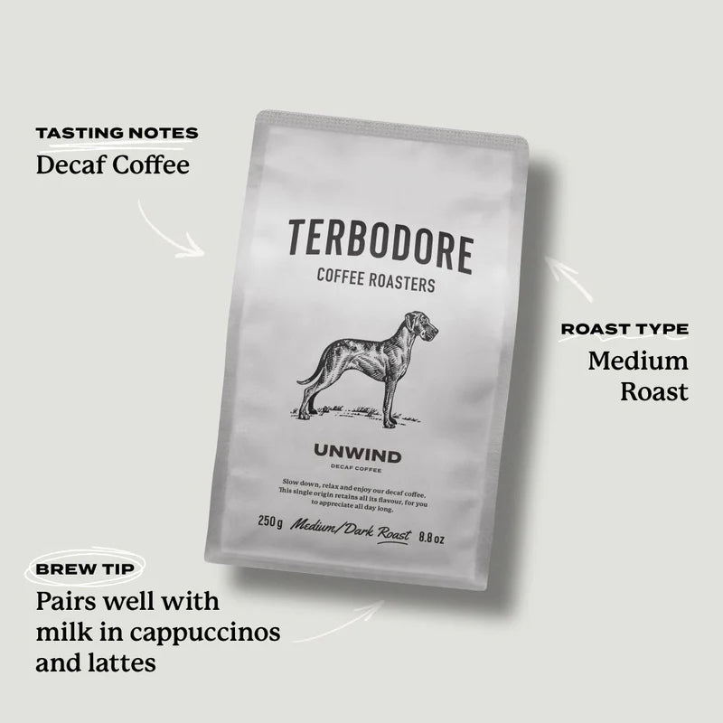 Terbodore coffee roasters package with brewing information on a light gray background